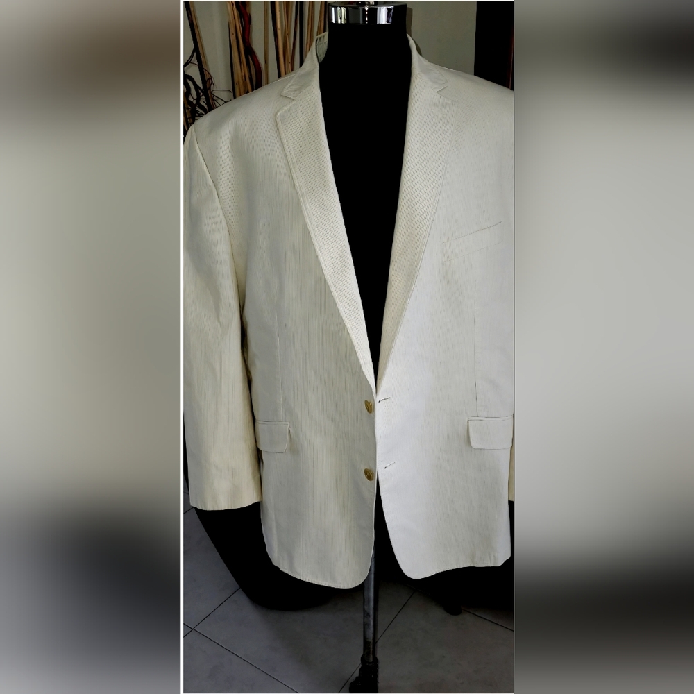 CALVIN KLEIN 52 R LIGHT TAN ON CREAM 2 BUTN LINED COTTON BLAZER-L 32-SLEV 32 1/2